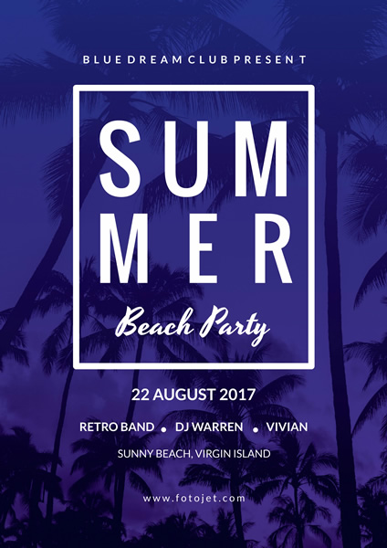 Blue Palm Summer Beach Party Poster Template Template | FotoJet
